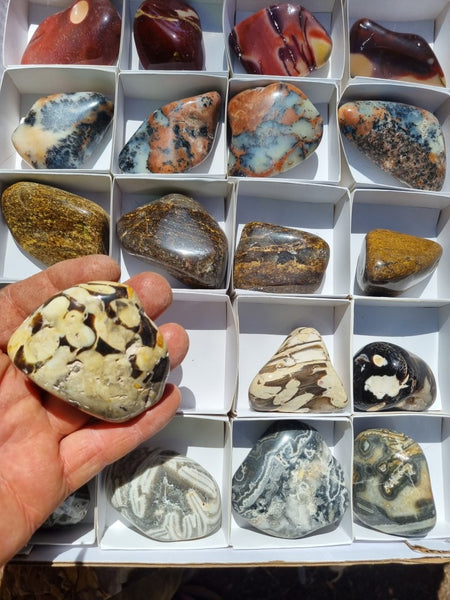 Box of assorted tumble polished Australian gemstones MXT103