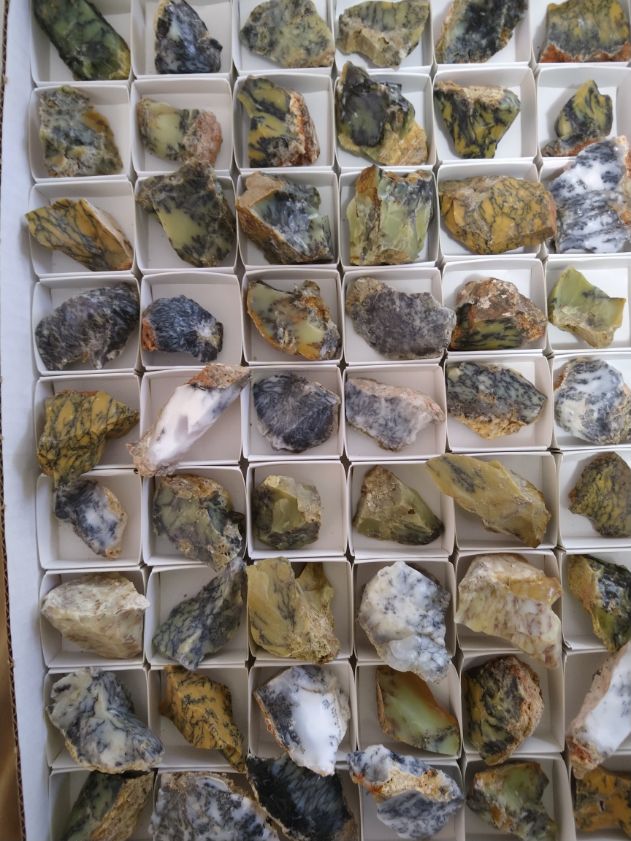 Box of Dendritic Opal rough.  DOR 187